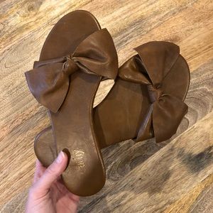 Cathy Brown Leather Bow Flat Mule Sandals